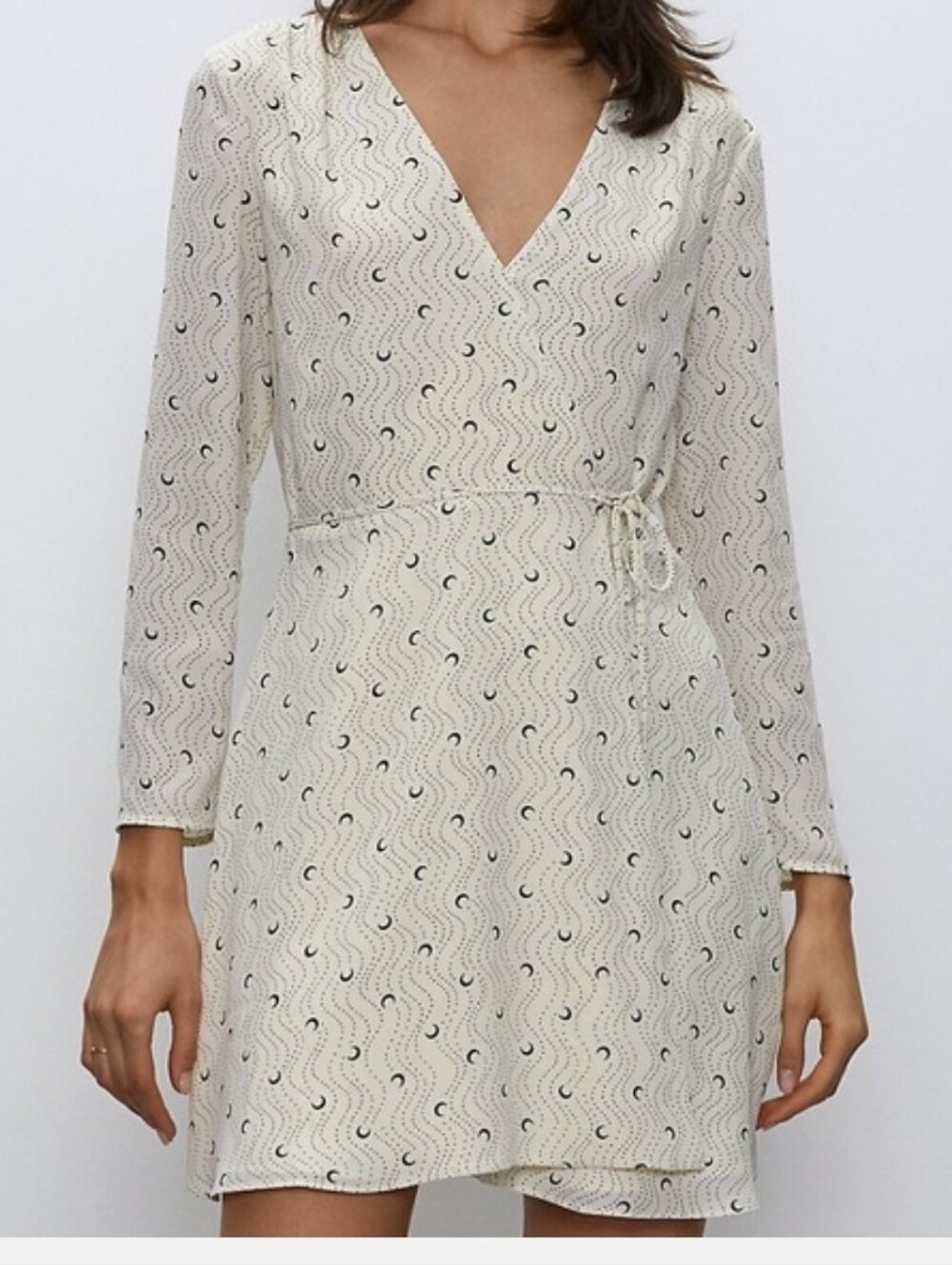 Babaton Optima Long-Sleeve Wrap Dress in Ivory with Crescent Moon Print XS